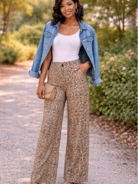 On 34th Leopard Print Wide Leg Tan Brown and Black Causa High Risel Pants 1X